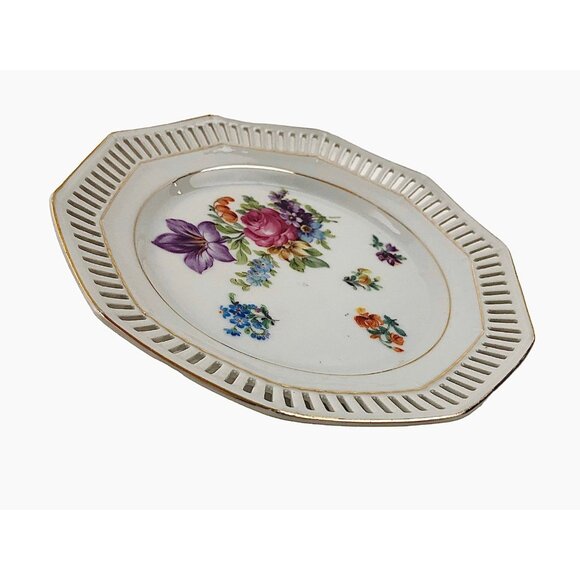 Schumann Small Plate Bavaria Floral Pattern Reticulated Gold Trim Vintage - Picture 10 of 10